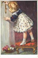 1926 Children art postcard, peeping girl. LP 459. s: Joh. Adolf (EB)