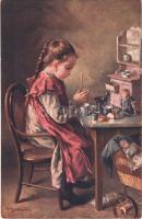 Malá nospodynka / La petite femme / Children art postcard, girl s: V. Bartonek (EB)