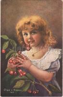 Der kleine Hamster / Children art postcard, girl with cherries s: Olga v. Riesen