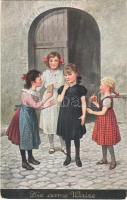 Die arme Waise / Children art postcard, orphan girls. G.K.V. B. Nr. 5465. (EB)
