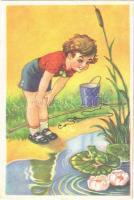 Children art postcard, boy with frog (ragasztónyom / glue marks)