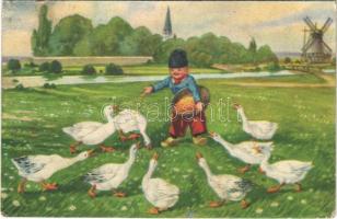 Children art postcard, boy with geese. WSSB 8150/I (kis szakadás / small tear)
