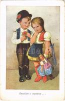 Beszéljen a mamával... / Children art postcard, Hungarian folklore, romantic couple (kopott sarkak / worn corners)