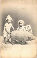 Prosit Neujahr / New Year greeting, children with pig (fl)
