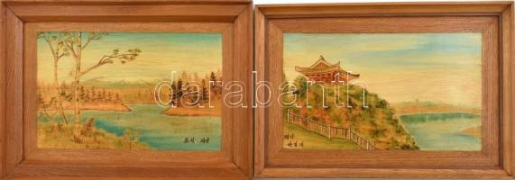 Koreai művész, ismeretlen jelzéssel, 2 db mű: Joseon és Phenjan. Vegyes technika, falemez. Fa keretben. 22x38 és 22,5x27 cm
