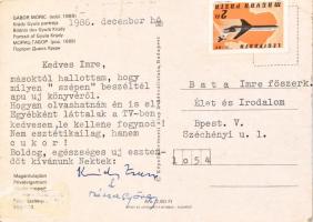 1986 Krúdy Zsuzsa (1919-1992) Krúdy Gyula lányának aláírt képeslapja rajta férje Rózsa György aláírásával is az Élet és Irodalom főszerkesztőjének