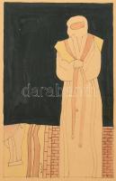 Bálint Endre (1914 - 1986) Alak az éjszakában. Vegyes-technika, papír 24 x 15 cm Jelzett: Bálint. Üvegezett, kopott, fa keretben.  Festészetére konstruktivista, szürrealista és absztrakt stílus jellemző, de lírai alaphangját, szabad gondolattársítása közepette is megőrizte.