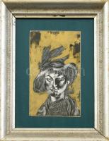 Szász Endre (1926 - 2003): Kalapos női portré. Sgrafittó, papír 17,5x 10,5 cm. Üvegezett kopott, sér...