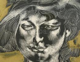 Szász Endre (1926 - 2003): Kalapos női portré. Sgrafittó, papír 17,5x 10,5 cm. Üvegezett kopott, sér...