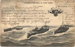 Torpedobootdivision in voller Fahrt / SMS Greif, SMS Alligator, I. osztályú torpedónaszádok, SMS Wildfang Huszár-típusú torpedóromboló (Zerstörer), matrózok / WWI Austro-Hungarian Navy, K.u.K. Kriegsmarine destroyers, torpedoboat, mariners. G. Fano Pola 1908-09. 36. s: G. Kappler