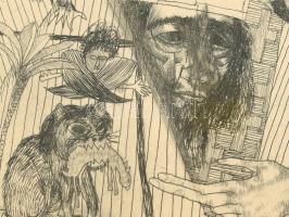 Kondor Béla (1931-1972): "A szelíd oroszlán megeszi a vad bárányt", 1965. Rézkarc, papír. ...