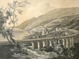 cca. 1856 Chapuy Nicolas Marie Joseph (1790 - 1858): Barcola. Acélmetszet, papír. 10,5x14,5cm. Üvegezett fa keretben.  A barcolai viaduktot ábrázolja, amely a Bécs-Trieszt vasútvonal egyik legfestőibb szakasza.