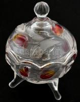 Üveg bonbonier tulipános díszítéssel. Formába öntött, csiszolt üveg, kisebb csorbával, kopásnyomokkal, m: 13,5 cm