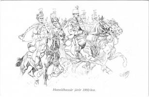 Honvédhuszár járőr 1892-ben. Honvédség története 1868-1918 / Austro-Hungarian K.u.K. military art postcard, hussar patrol in 1892 s: Garay (EB)