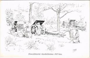 Honvéd tüzérek tüzelőállásban 1917-ben. Honvédség története 1868-1918 / WWI Austro-Hungarian K.u.K. military art postcard, artillery s: Garay (EK)
