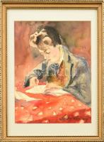 Éber Anna (1905-2002): Olvasó hölgy portréja. Akvarell, ceruza, papír. Jelzett. Üvegezett, kissé sérült, javított fa keretben. 27x20 cm