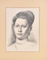 Ujváry Lajos (1925-2006): Női portré, 1965. Ceruza, papír, kartonra kasírozva. Jelzett. 34x25,5 cm