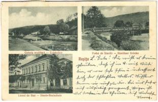 1932 Resicabánya, Resicza, Recita, Resita; Galeria ereditara, Podul de Stavila, Liceul de Stat / Erbstollen, Stavillaer Brücke, Staats-Realschule / híd, állami gimnázium / bridge, grammar school (fl)