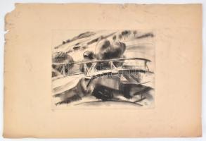 Ducsay Béla(1893-1967): Zebegényi fahíd. Szén, papír, Jelzett. 23x30 cm Kartonon