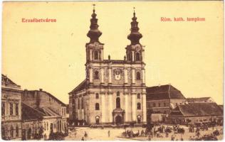 1908 Erzsébetváros, Dumbraveni; Római katolikus templom, piac, üzletek. W. L. (?) 766. / Catholic church, market, shops (kis szakadás / small tear)
