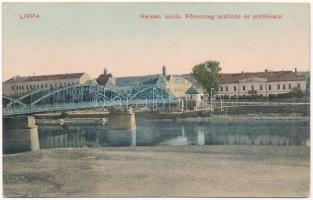 Lippa, Lipova; Kereskedelmi iskola, Főherceg szálloda és erdőhivatal, híd. Özv. Krivány Györgyné kiadása / trade school, hotel, forestry office, bridge (ázott / wet damage)