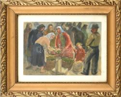 Szőnyi István (1894-1960): Piaci jelenet. Akvarell, papír, jelzett, üvegezett fa keretben, 21,5×30 c...