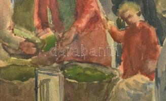 Szőnyi István (1894-1960): Piaci jelenet. Akvarell, papír, jelzett, üvegezett fa keretben, 21,5×30 c...
