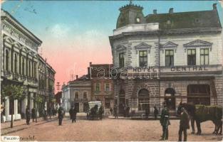 1916 Déva, Deva; Piactér, Központi szálloda és kávéház, Baum Mór üzlete. Hirsch Adolf kiadása / square, hotel and café, shops (szakadás / tear)