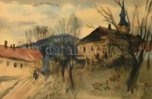 Szalóky Sándor (1921-1978): Utcarészlet. Akvarell, papír, jelezve jobbra lent, üvegezett fa keretben, 29×41,5 cm. Jótékonysági aukció! A műtárgy megvásárlásával a Piros Orr Bohócdoktorok Alapítványt támogatja.