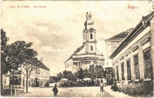 Szigetvár, Zrínyi tér, Római katolikus templom, üzletek. Ferencz Dávid kiadása (b)