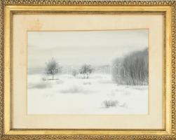 Dobroszláv József (1932-2016): Téli táj, 1987. Akvarell, papír, jelzett. Dekoratív üvegezett fa kere...