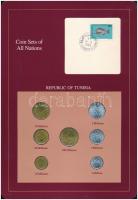 Tunézia 1960-1993. 1m-100m (7xklf), Coin Sets of All Nations forgalmi szett felbélyegzett kartonlapon T:1,1- Tunisia 1960-1993. 1 Millime - 100 Millimes (7xdiff) Coin Sets of All Nations coin set on cardboard with stamp C:UNC,AU