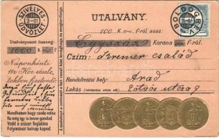 1900 Utalvány 100 korona fizetésről. Kremer Család, Arad. 20 korona érmék, dombornyomott / Hungarian coins. Emb.