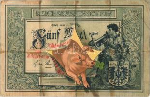 1908 Fünf Mal rechtes. Reichskassenschein / German cash receipt. Art Nouveau greeting, coat of arms. litho (fl)