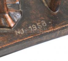 NJ 1958 jelzéssel: Fuvolázó fiú, bronzírozott akt szobor, alján Képcsarnok zsűri címkével, kis karco...