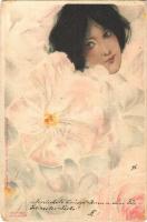 1903 Art Nouveau floral lady. Erika Nr. 1121. litho s: Raphael Kirchner (fa)