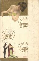 1902 Art Nouveau lady, golden. E.S.W. litho s: Raphael Kirchner (szakadások / tears)