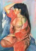 Topor András (1944-1997): Ülő női félakt, 1987. Pasztell, papír, jelzett, üvegezett fa keretben, 60×80 cm