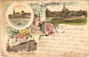1909 Nymburk, Kostel cv. Julji, Námesti, Stara fortna, Král. mesto / church, old castle gate, square. Jana Hancara Art Nouveau, floral, litho (Rb)