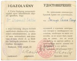 1945 A Vörös Hadsereg felhatalmazásával a svájci követség által kiállított, szabad mozgást biztosító kétnyelvű igazolvány Dr. Szamek Oszkár (1888-1963) zsidó származású orvos részére