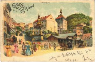 1900 Karlovy Vary, Karlsbad; Marktplatz / market square. Aquarellkarte Regel & Krug litho (r)