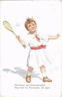 1912 Mit Grazie und Geschicklichkeit, Siegt man am Tennisplatz. All right! / Child with tennis racket. B.K.W.I. 711-3. s: K. Feiertag