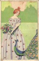 1917 Wiener Art Nouveau postcard. Lady with peacock. B.K.W.I. 656-2. s: Mia Witt (EK)