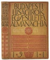 1911 Budapesti Újságírók Egyesülete és Almanachja. Bp., 1911, Világosság-ny., 479+1 p. +4 (fekete-fehér képtáblák) t. Szövegközti fekete-fehér képanyaggal. Korabeli reklámokkal. Színes szecessziós, előzéklapokkal. A címlapon és az előzéklapon Kozma Lajos szecessziós rajzával. A kötés terve Kozma Lajos munkája. Benne az Budapesti Ujságírók Egyesületének tisztikarával és választmányával. Kiadói szecessziós, festett egészvászon-kötés, Klein Ferenc és Társa-kötés, foltos, kissé kopott borítóval, ex libris-szel: Ex libris Bakonyi Tekla, klisé, papír, jelzett a nyomaton, kissé foltos, 12x8,5 cm