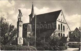 1960 Malacka, Malatzka, Malacky; autóbusz, templom, emlékmű / autobus, church, monument (EK)