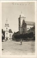 Rozsnyó, Roznava; templom, fiú kerékpárral / church, boy with bicycle