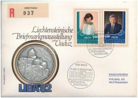 Liechtenstein 1982. &quot;10. liechtensteini bélyegkiállítás Vaduzban&quot; ezüstpatinázott fém emlékérem felbélyegzett borítékon, alkalmi bélyegzéssel T:1 Liechtenstein 1982. &quot;10. Liechtensteinische Briefmarken Ausstellung, Vaduz&quot; silver patinated metal medallion in envelope with stamp C:UNC