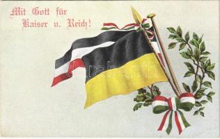 Mit Gott für Kaiser u. Reich! / WWI German and Austro-Hungarian K.u.K. military art postcard, Viribus Unitis, patriotic propaganda with flags (EB)