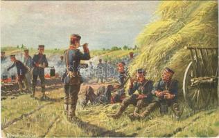 Biwaksmahlzeit / German military art postcard, camp during lunch s: R. Knötel (EK)