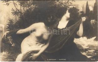 Surprise / Erotic nude lady art postcard. S.I.P. 221. Se. No. 8. s: E. Tapissier (EK)